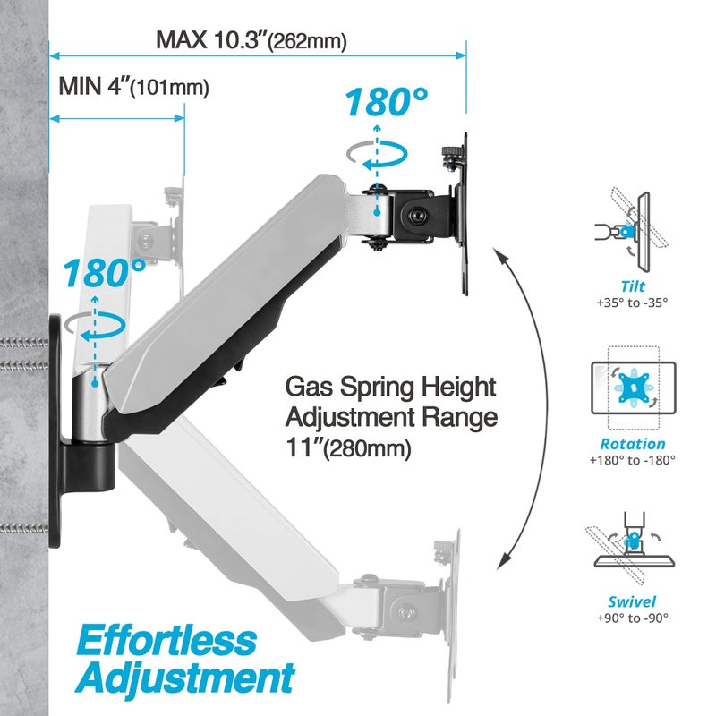 AVLT Single 32" Monitor Wall Mount - Fits One Flat/Curved Monitor, Full Motion Height Swivel Tilt Rotation Adjustable Arm - VESA/Cable Management - Image 3